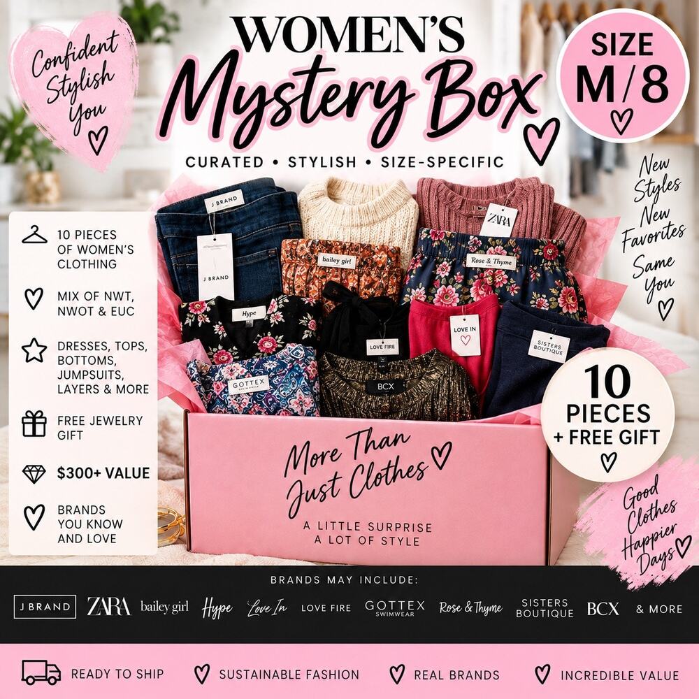 Women’s Size Medium 8 Mystery Clothing Box 10 Pc $300+ Wardrobe + Free Gift